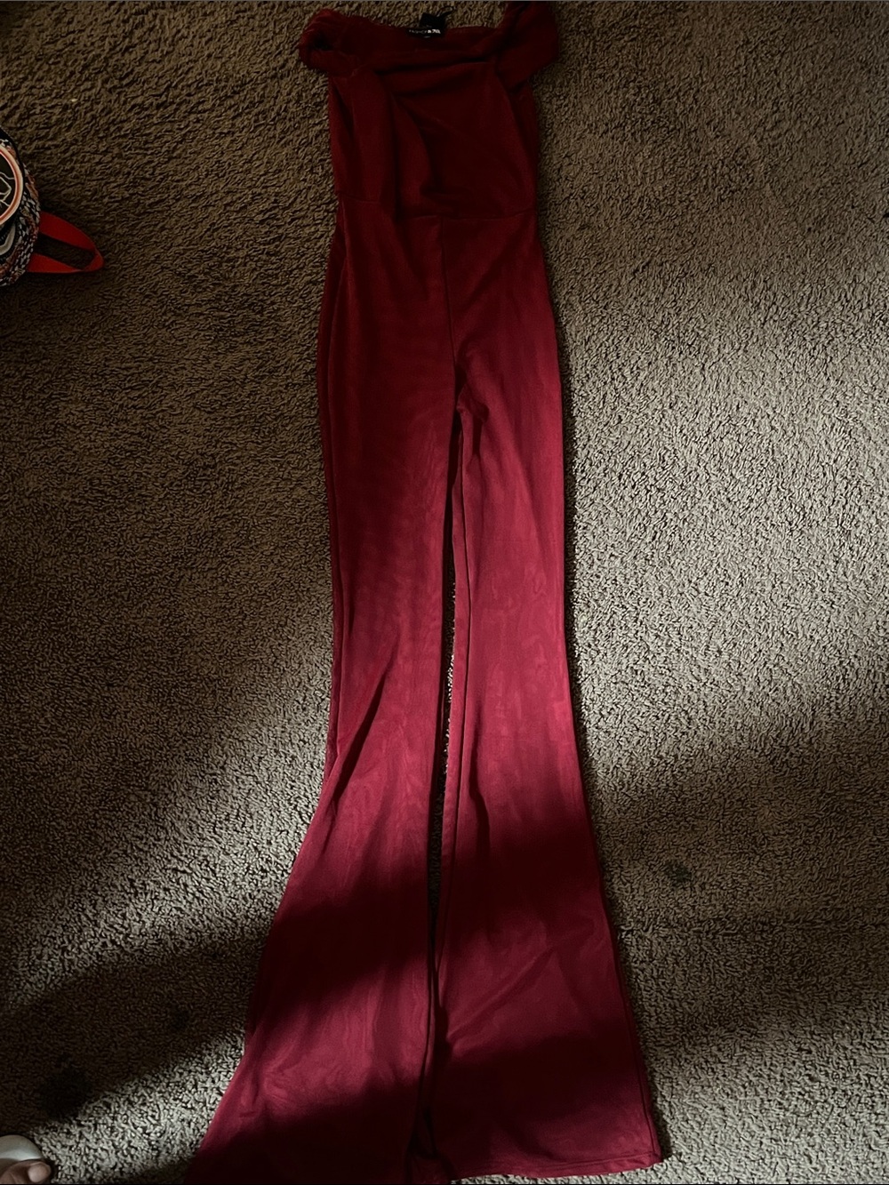 Fashion Nova Off-Shoulder Wide-Leg Jumpsuit in Wine